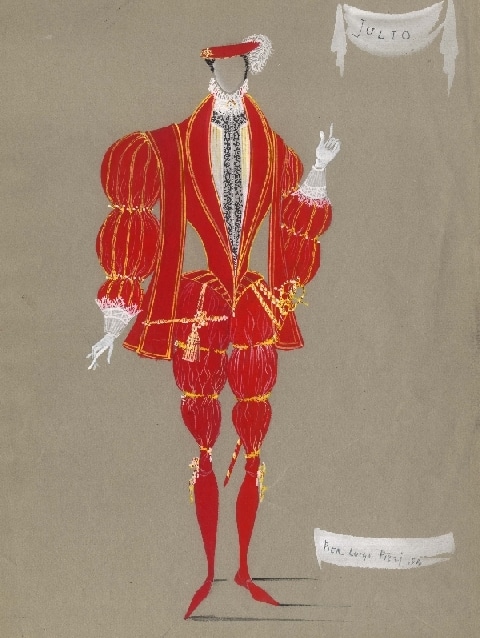 Bozzetto del costume di Pier Luigi Pizzi per "La Venexiana" di anonimo del Cinquecento, 1954